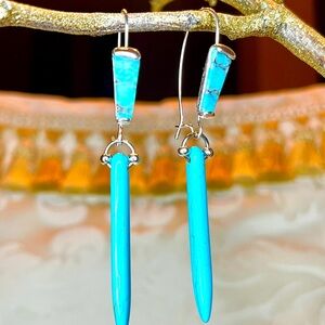 Reconstituted silver tone blue turquoise art deco dangling earrings